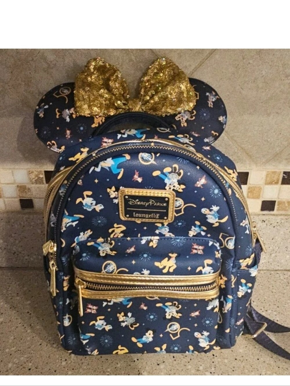 Disney Parks Loungefly 50th Anniversary Backpack & Minnie Ears Set Navy Gold